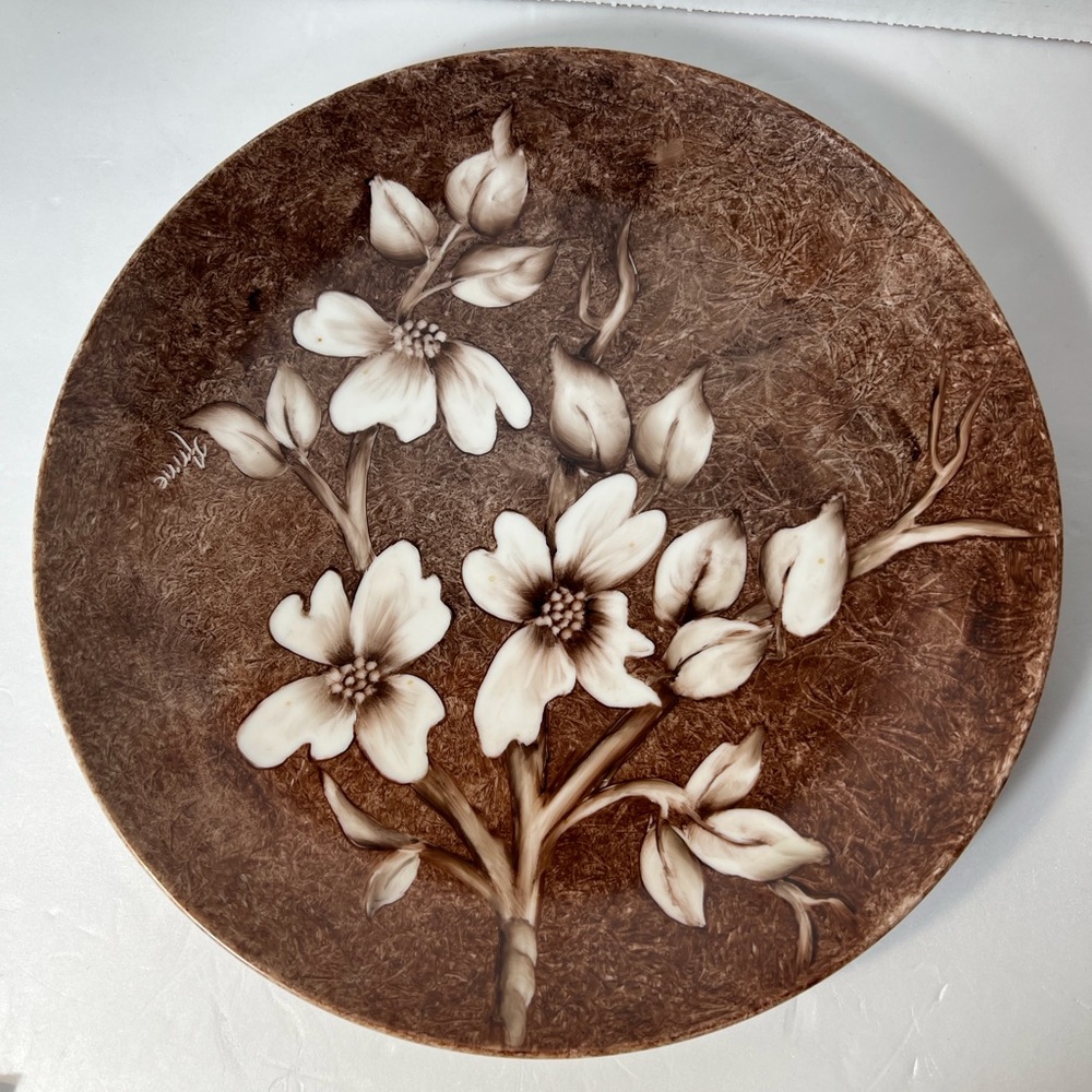 Ann Campbell Hand Painted Floral Plate Brown Ivory Dogwood Art Pottery Signed